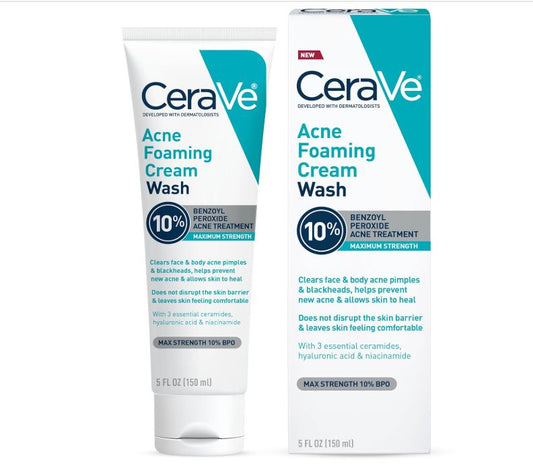 CeraVe Acne Foaming Cream Wash | Gentle Face & Body Cleanser with 10% Benzoyl Peroxide, Hyaluronic Acid & Niacinamide | Clears Acne, Pimples & Blackheads | For Chest, Back & Face | 5 oz