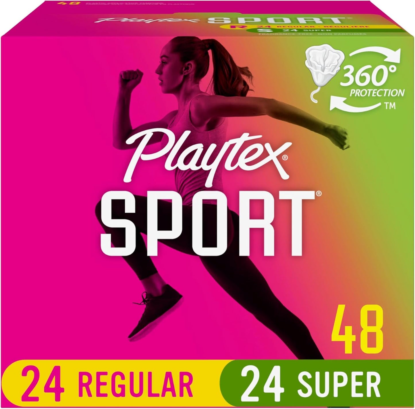 Playtex Sport Tampons Multipack, 48ct (24 Regular & 24 Super Absorbency), Fragrance-Free for Active Protection