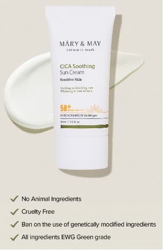 Mary&May CICA Soothing Sun Cream SPF50+ PA++++, 50ml – Lightweight Vegan Sunscreen for Daily Care – No Sticky Residue, No White Cast, No Streaks – Korean Skincare