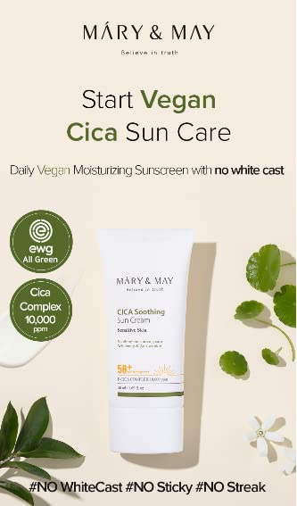 Mary&May CICA Soothing Sun Cream SPF50+ PA++++, 50ml – Lightweight Vegan Sunscreen for Daily Care – No Sticky Residue, No White Cast, No Streaks – Korean Skincare