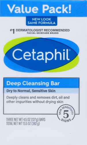 Cetaphil Deep Cleansing Bar Soap for Face and Body, 3-Pack, Soap-Free, Hypoallergenic, Fragrance-Free, Paraben-Free, Removes Makeup, Dirt & Oil for Dry to Normal Sensitive Skin