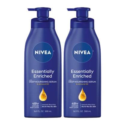 NIVEA Essentially Enriched Body Lotion for Dry Skin, 16.9 Fl Oz Pump Bottles, Pack of 2 – Deep Moisture for Smooth, Hydrated Skin.