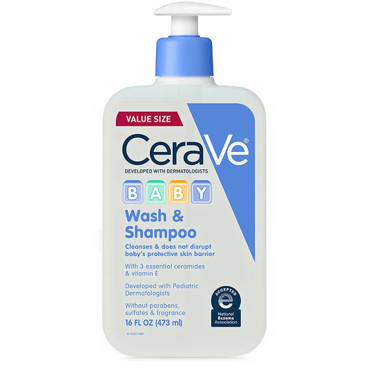 CeraVe Baby Wash & Shampoo, 2-in-1 Tear-Free Formula with Vitamin E, Fragrance-Free, Paraben-Free, Dye-Free, Sulfate-Free, 16 Ounce