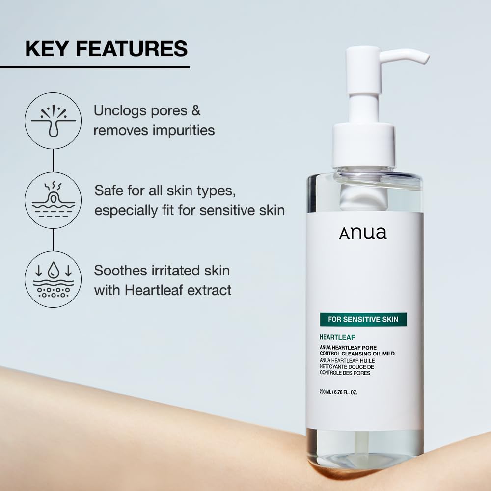 ANUA Heartleaf Pore Cleansing Oil MILD – Sensitive Skin Face Wash, Makeup & Blackhead Remover, Non-Comedogenic & Fragrance-Free, 6.76 fl oz (200ml)