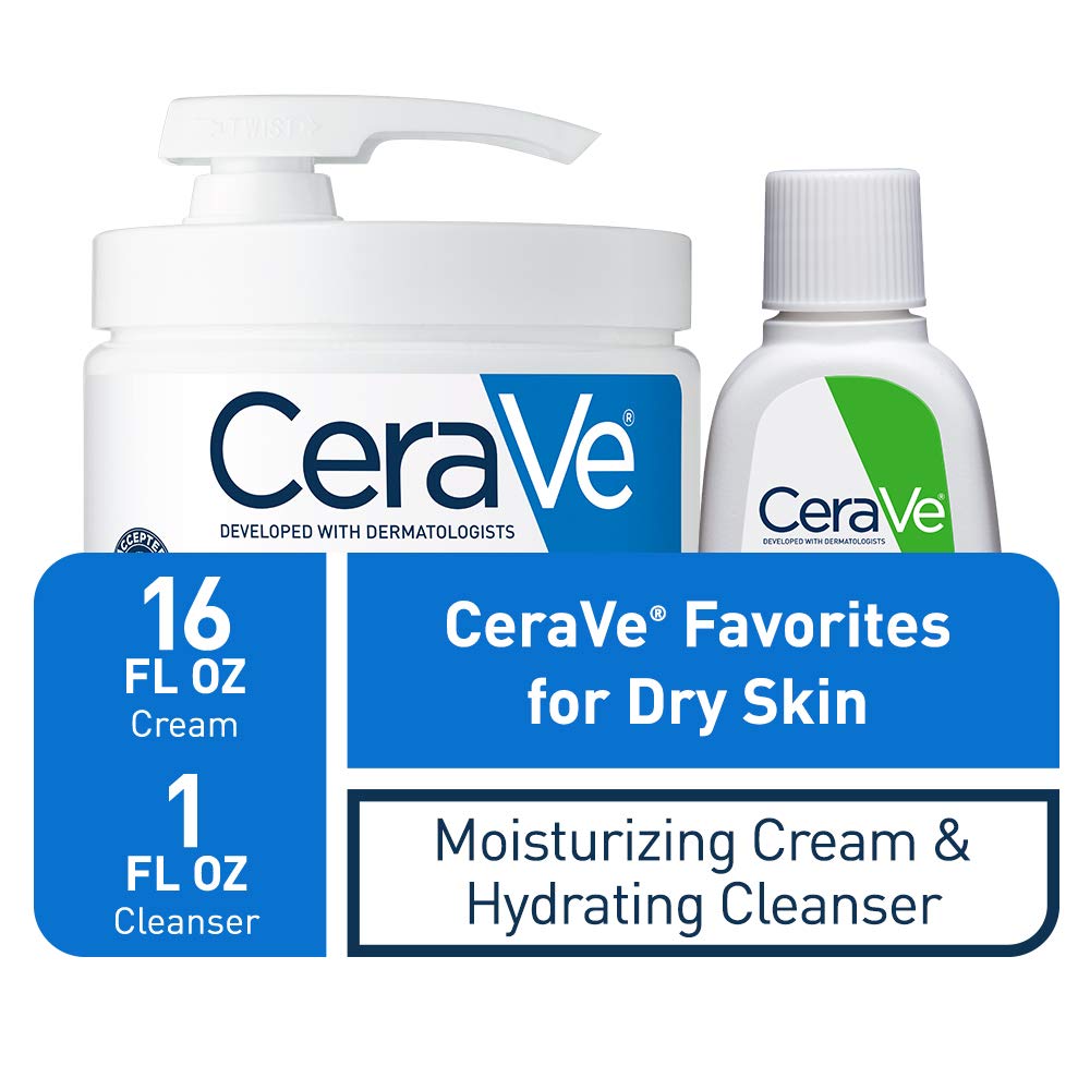 CeraVe Moisturizing Cream Combo Pack - 16 Ounce with Pump & 1 Ounce Hydrating Facial Cleanser for Dry Skin Relief