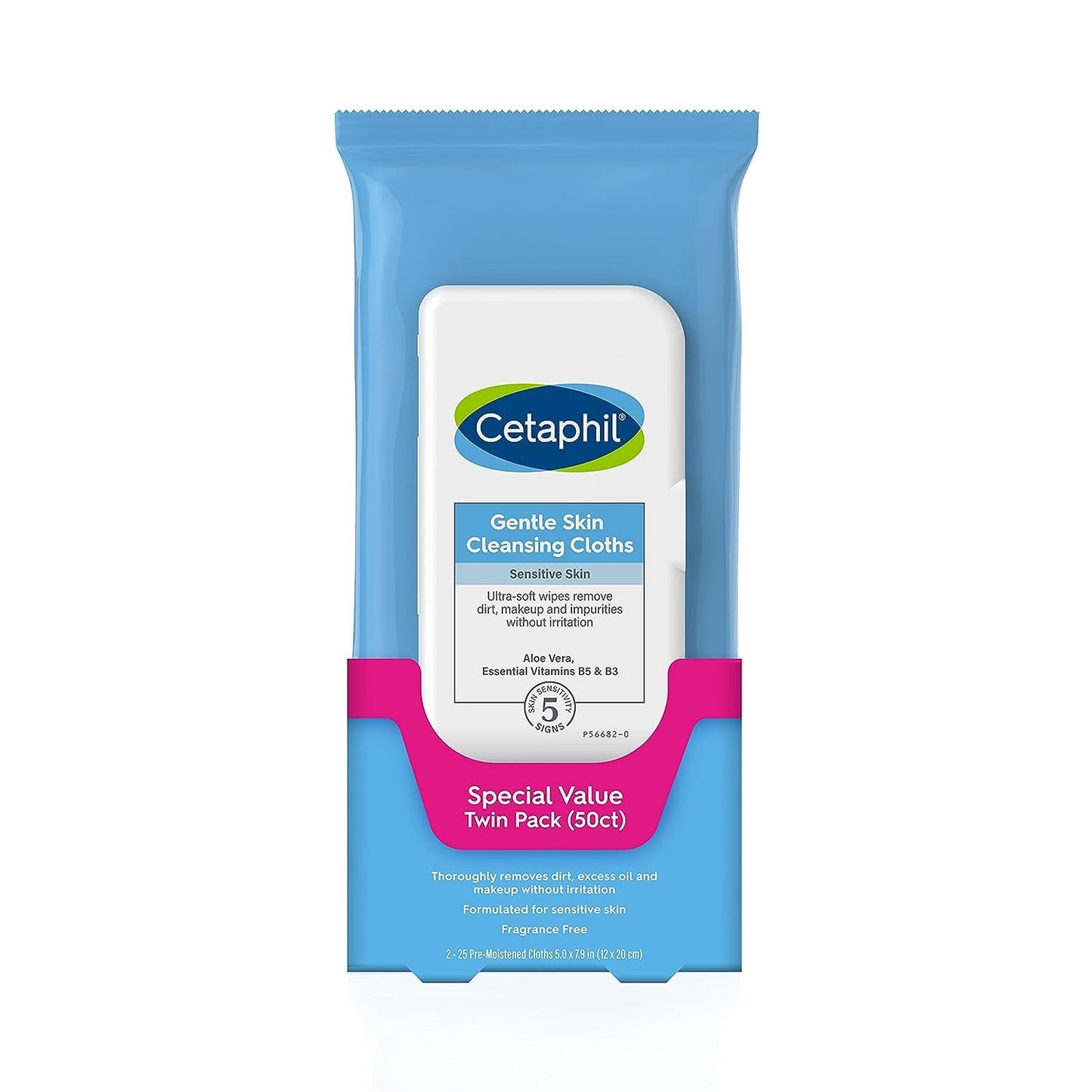 Cetaphil Gentle Skin Cleansing Wipes, Face and Body Cloths for Dry Sensitive Skin, 50 Count Twin Pack, Hypoallergenic, Fragrance-Free, Flip Top Closure, Ideal for Gym, Travel, and On-the-Go