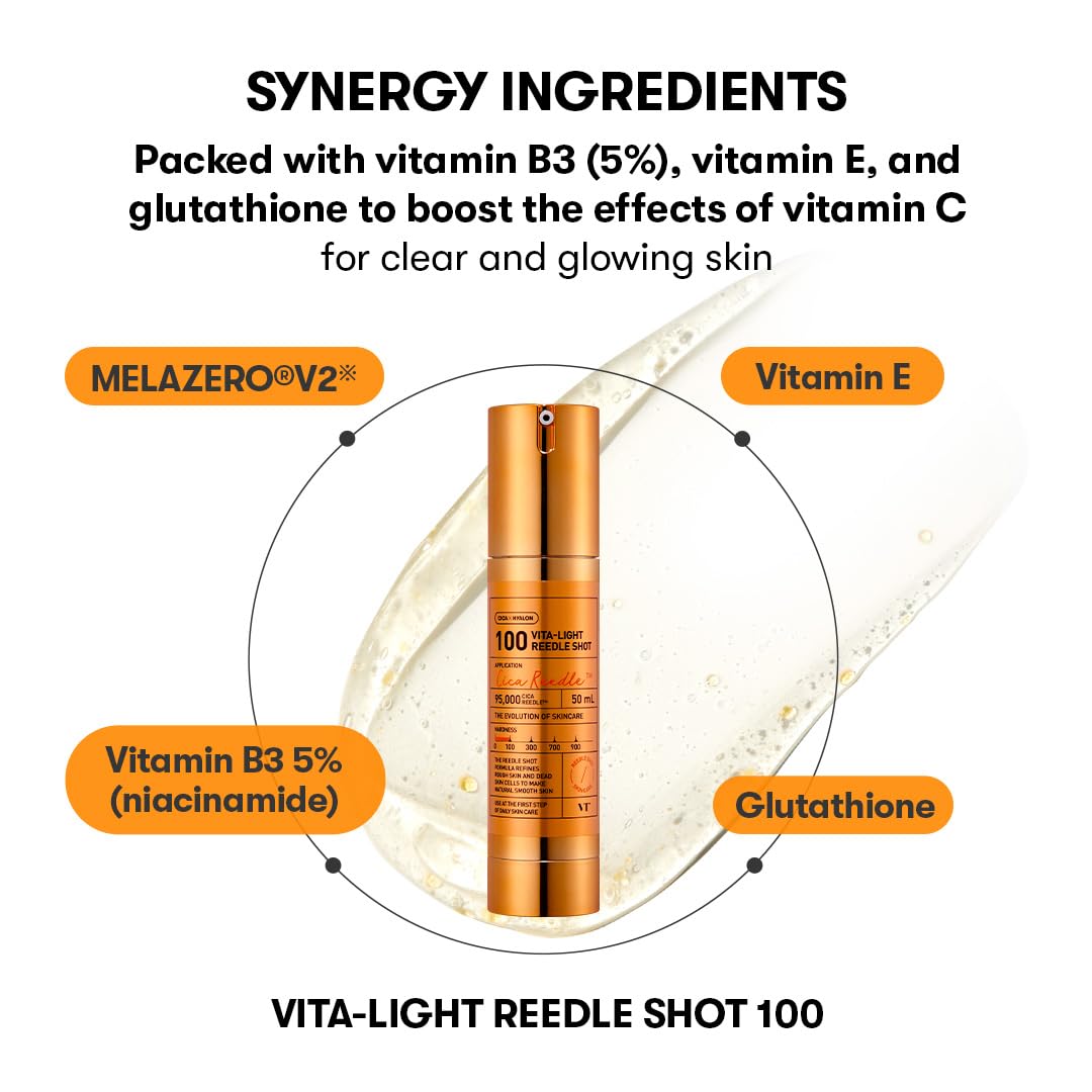 VT Cosmetics Vita-Light Reedle Shot 100 Serum, 1.69 fl. oz. (50ml) – Vitamin C & E Capsules for Hydrating Care – Gentle Korean Skincare for Sensitive Skin