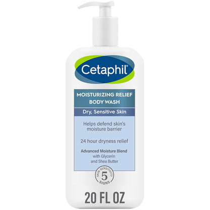 Cetaphil Moisturizing Relief Body Wash for Sensitive Skin, 20 oz – Creamy, Hypoallergenic, Fragrance-Free Formula for 24-Hour Dry Skin Relief