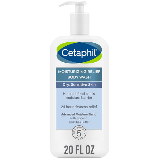 Cetaphil Moisturizing Relief Body Wash for Sensitive Skin, 20 oz – Creamy, Hypoallergenic, Fragrance-Free Formula for 24-Hour Dry Skin Relief