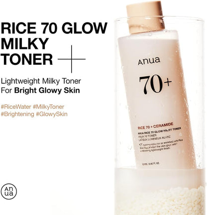 ANUA Rice 70 Glow Milky Toner – Rice Water, Niacinamide, & Ceramides for Glass Skin, Fragrance-Free & Fungal Acne Safe, 250ml / 8.45 fl. oz.