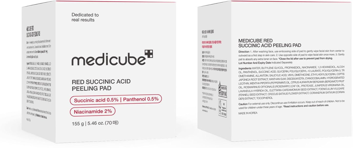 Medicube Red Succinic Acid Panthenol Peeling Pads – Exfoliating Toner Pads for Breakout-Prone Skin with Niacinamide, AHA, BHA, and Soothing Panthenol – Non-Comedogenic