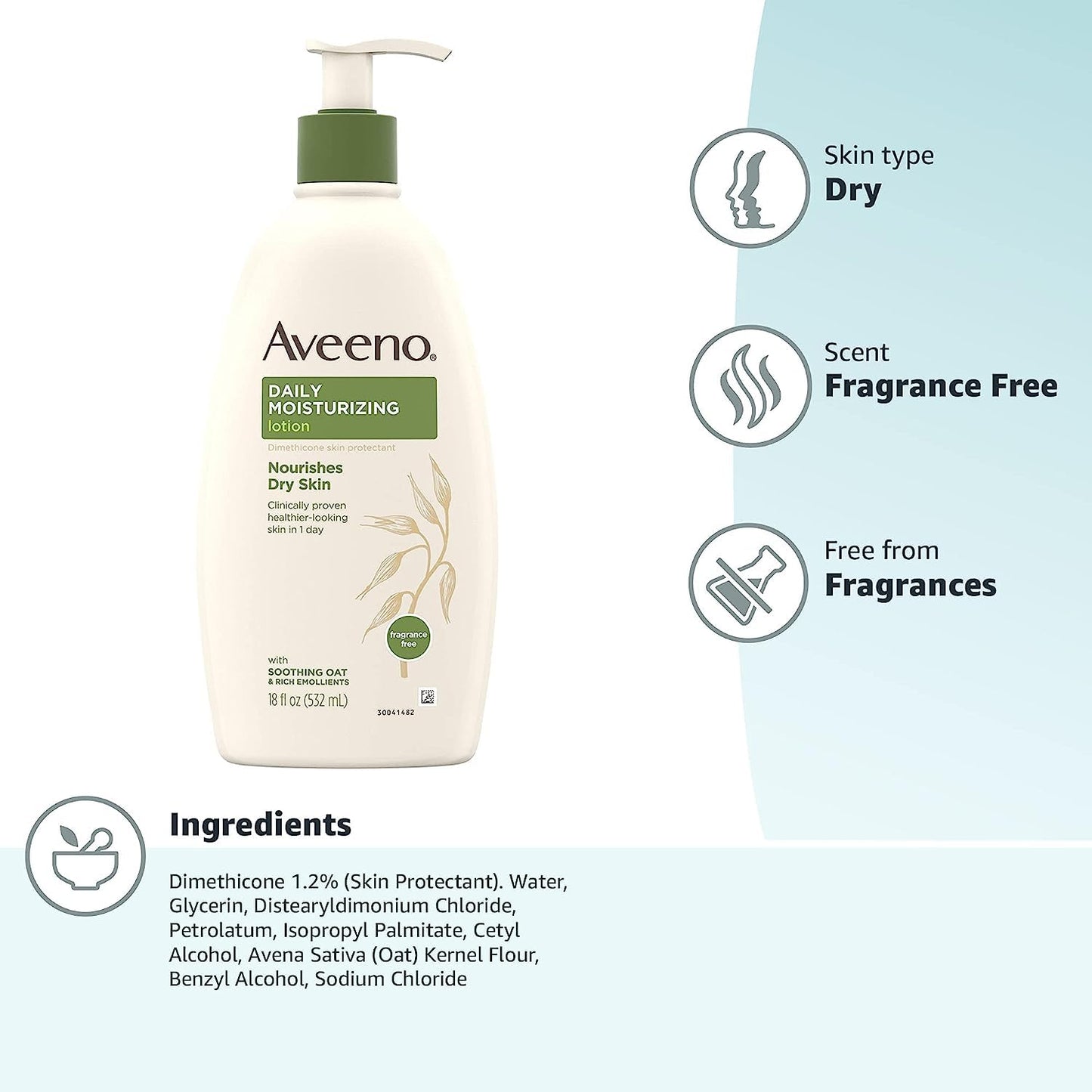 Aveeno Daily Moisturizer Body Lotion for Dry Skin, Prebiotic Oat, Fragrance-Free, 18 Fl Oz – Hydrates and Nourishes Skin, Pack of 1