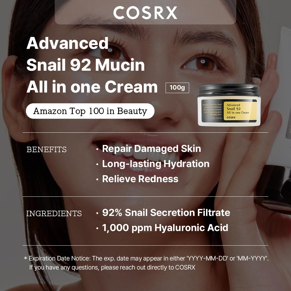 COSRX Snail Mucin 92% Face Moisturizer: Lightweight Hydrating Cream for Soft, Glowy Skin – 3.52 oz, Korean Skincare