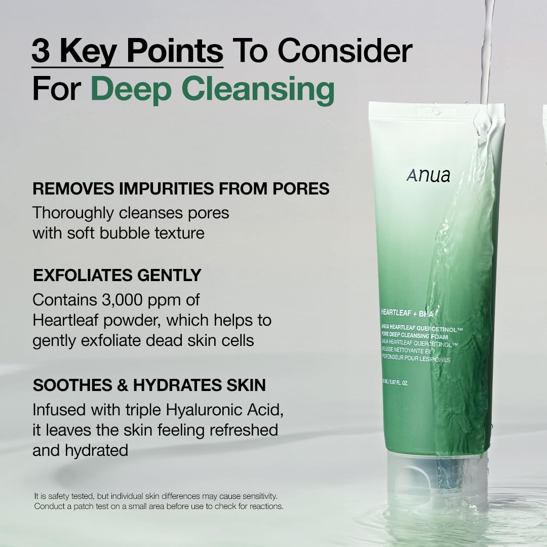 ANUA Heartleaf Quercetinol Pore Deep Cleansing Foam, BHA Facial Cleanser for Double Cleansing & Blackhead Removal, Hydrating Korean Skincare with Hyaluronic Acid & Glycerin, 150ml (5.07 fl oz)