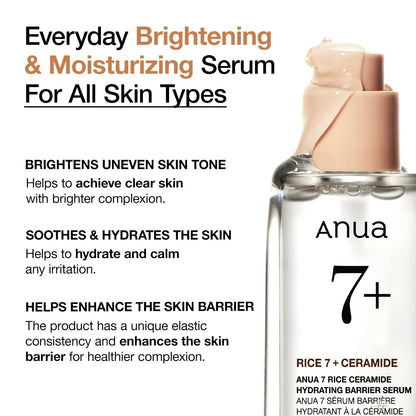 Anua Rice Ceramide 7 Hydrating Barrier Serum, 50ml | Brightening & Hydrating Facial Serum with Rice Extract and Hyaluronic Acid for Radiant Skin