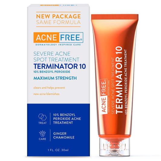 AcneFree Terminator 10 Acne Spot Treatment Cream, 1 oz – Maximum Strength 10% Benzoyl Peroxide for Fast Acne Relief