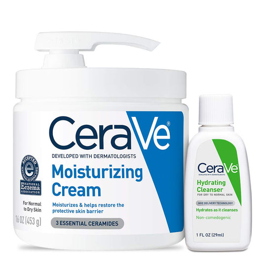 CeraVe Moisturizing Cream Combo Pack - 16 Ounce with Pump & 1 Ounce Hydrating Facial Cleanser for Dry Skin Relief