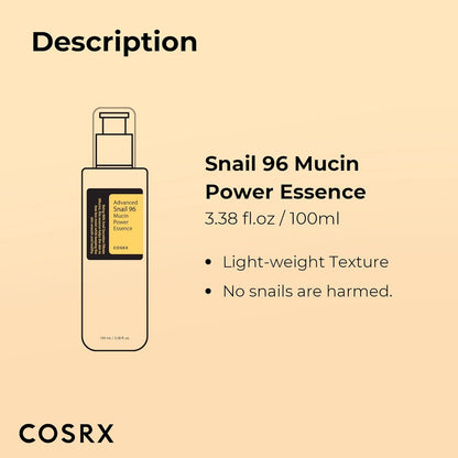 COSRX Advanced Snail 96 Mucin Power Essence – 3.38 fl. oz (100ml) | Hydrating Face Serum for Radiant, Glowing Skin, Perfect for Self-Care & Under Makeup