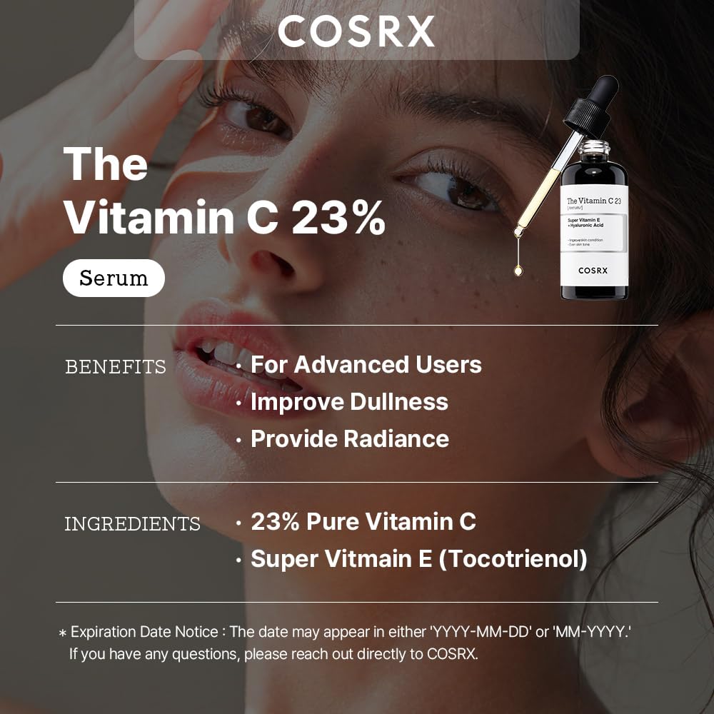 COSRX Pure Vitamin C 23% Serum with Vitamin E & Hyaluronic Acid – Brightening & Hydrating Facial Serum for Fine Lines, Uneven Skin Tone & Dull Skin, Korean Skin Care, 0.7 oz (20g)