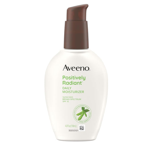 Aveeno Positively Radiant Daily Face Moisturizer with SPF 15, Hydrating Facial Moisturizer with Soy Extract for Even Skin Tone and Texture, Hypoallergenic & Oil-Free, 4 Fl Oz