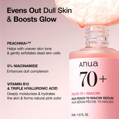 Anua Peach 70 Niacinamide Serum – Brightening & Hydrating Face Serum for Daily Use, Clean Beauty Formula (30ml / 1.01 fl. oz.)