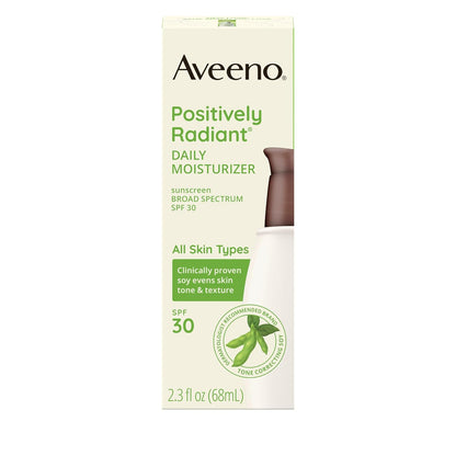 Aveeno Positively Radiant Face Moisturizer with SPF 30, Soy Extract, Oil-Free Hydrating Formula, Improves Skin Tone & Texture, 2.3 fl. oz.