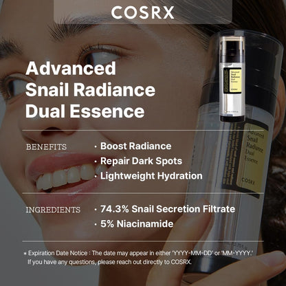 COSRX Niacinamide 5% + Snail Mucin 74% Dual Essence – Hydrating & Repairing Anti-Aging Face Serum for Dull & Sensitive Skin, Korean Skin Care, Cruelty-Free, 2.70 fl.oz (80ml)