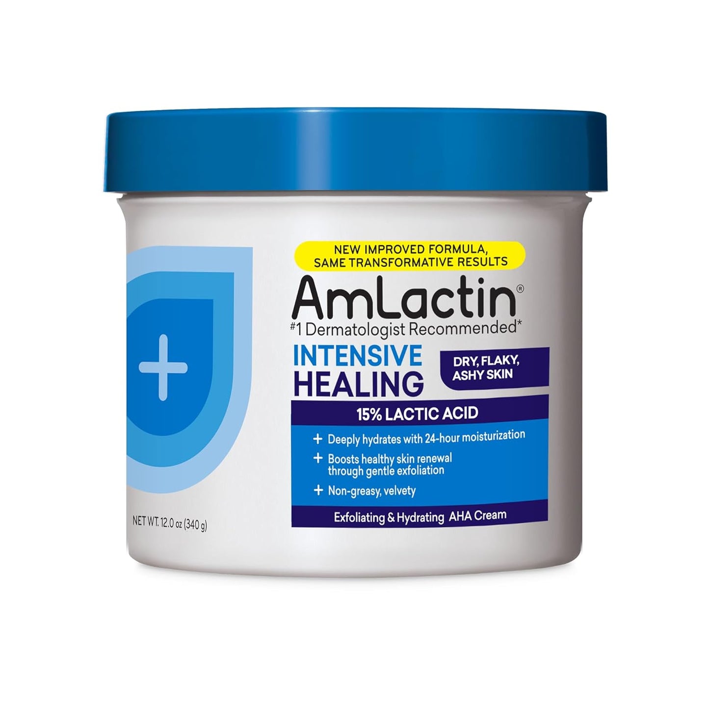 AmLactin Intensive Healing Body Cream: 2-in-1 Exfoliator and Moisturizer with 15% Lactic Acid and Ceramides – 12 oz Tub for 24-Hour Moisturization