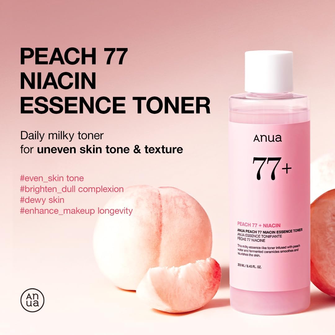 Anua Peach 77 Niacin Essence Toner – Brightening Toner for Glass Skin with Niacinamide, Panthenol & Ceramides, 250ml (8.45 fl oz) – Korean Skincare