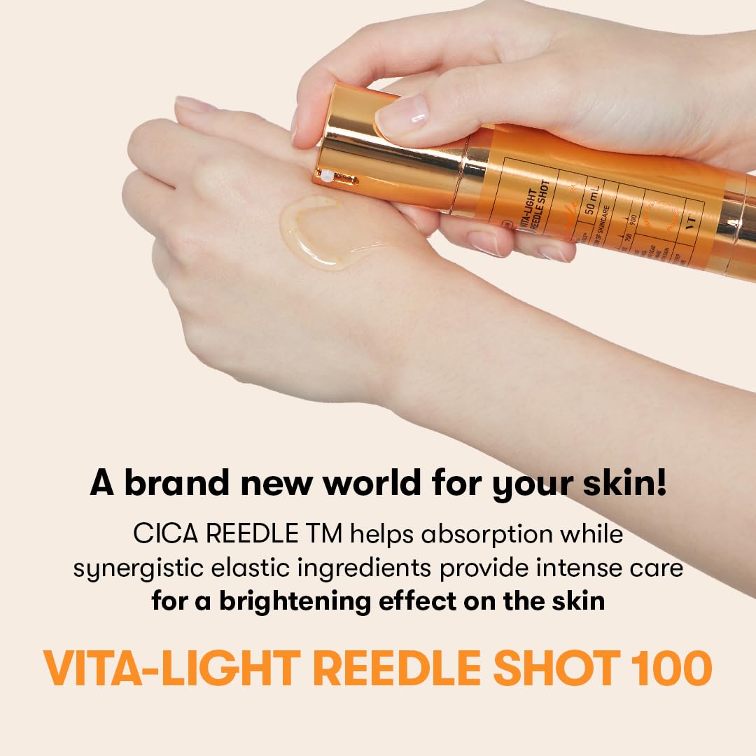 VT Cosmetics Vita-Light Reedle Shot 100 Serum, 1.69 fl. oz. (50ml) – Vitamin C & E Capsules for Hydrating Care – Gentle Korean Skincare for Sensitive Skin