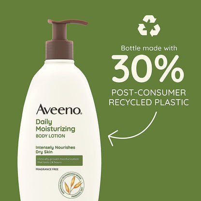 Aveeno Daily Moisturizer Body Lotion for Dry Skin, Prebiotic Oat, Fragrance-Free, 18 Fl Oz – Hydrates and Nourishes Skin, Pack of 1