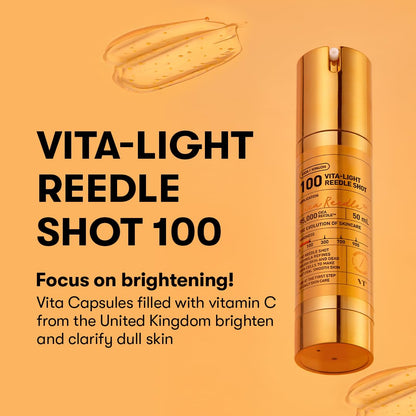 VT Cosmetics Vita-Light Reedle Shot 100 Serum, 1.69 fl. oz. (50ml) – Vitamin C & E Capsules for Hydrating Care – Gentle Korean Skincare for Sensitive Skin