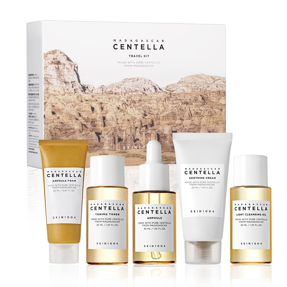 SKIN1004 Madagascar Centella Travel Kit – Toner, Ampoule, Soothing Cream, Cleansing Oil, Ampoule Foam – Basic Skincare Box, Compact Size, Gift Set for Women, Ideal Mother’s Day Gift