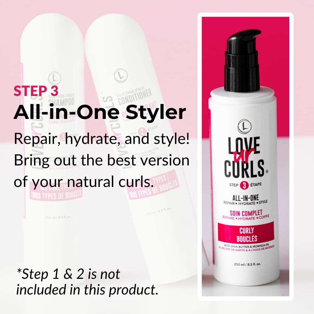 Love Ur Curls LUS All-in-One Curl Cream Styler – Anti-Frizz Curling Cream for Curly Hair, Repair, Define, Hydrate & Style with Shea Butter, 250mL