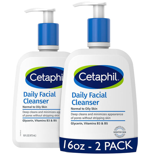 Cetaphil Daily Facial Cleanser for Sensitive, Combination to Oily Skin, Gentle Foaming, Soap-Free, Hypoallergenic, 16 oz 2-Pack