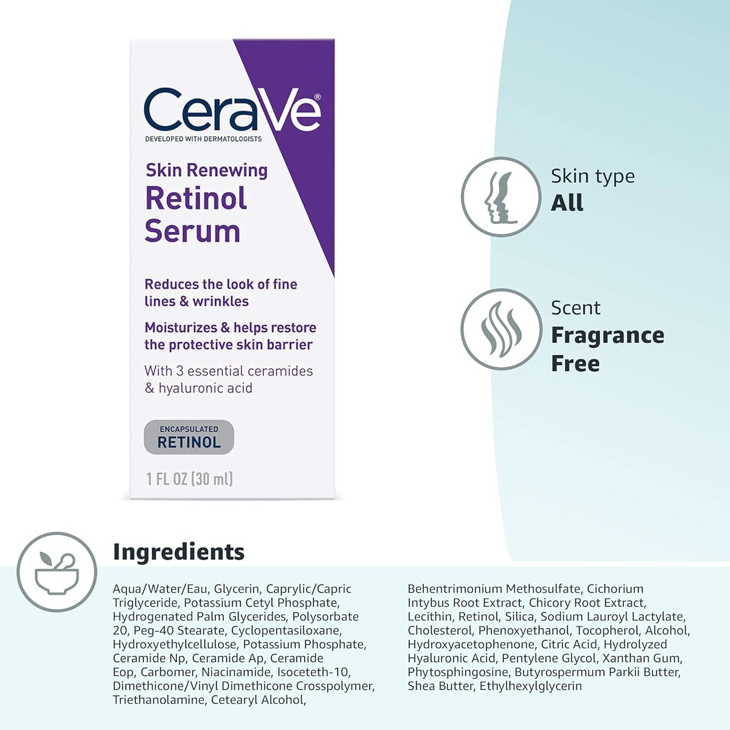 CeraVe Anti-Aging Retinol Serum for Face, 1 Oz | Encapsulated Retinol with Hyaluronic Acid, Niacinamide & Ceramides, Smooths Wrinkles & Fine Lines, Gentle Skin Brightening Serum