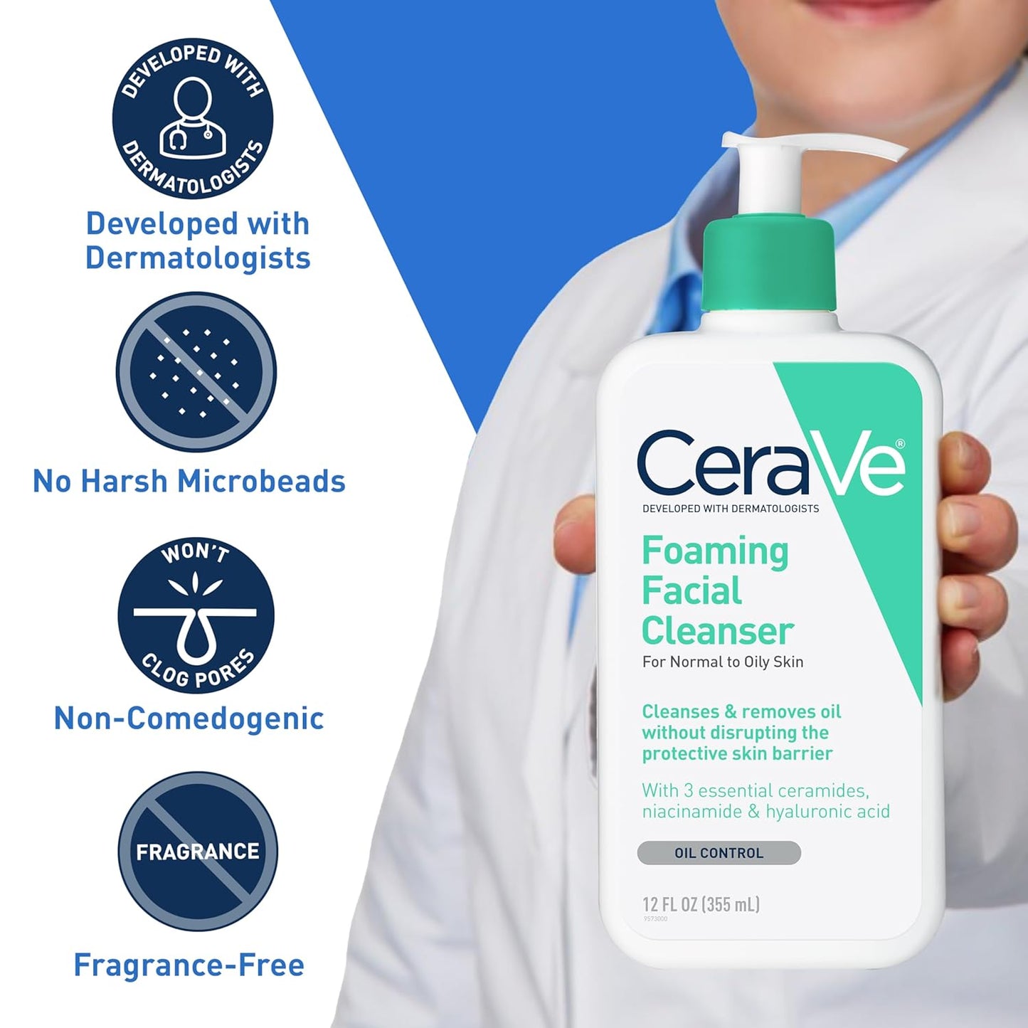 CeraVe Foaming Facial Cleanser | Daily Face Wash for Oily Skin with Hyaluronic Acid, Ceramides & Niacinamide | Oil-Control, Non-Drying, Fragrance-Free, 19 fl oz