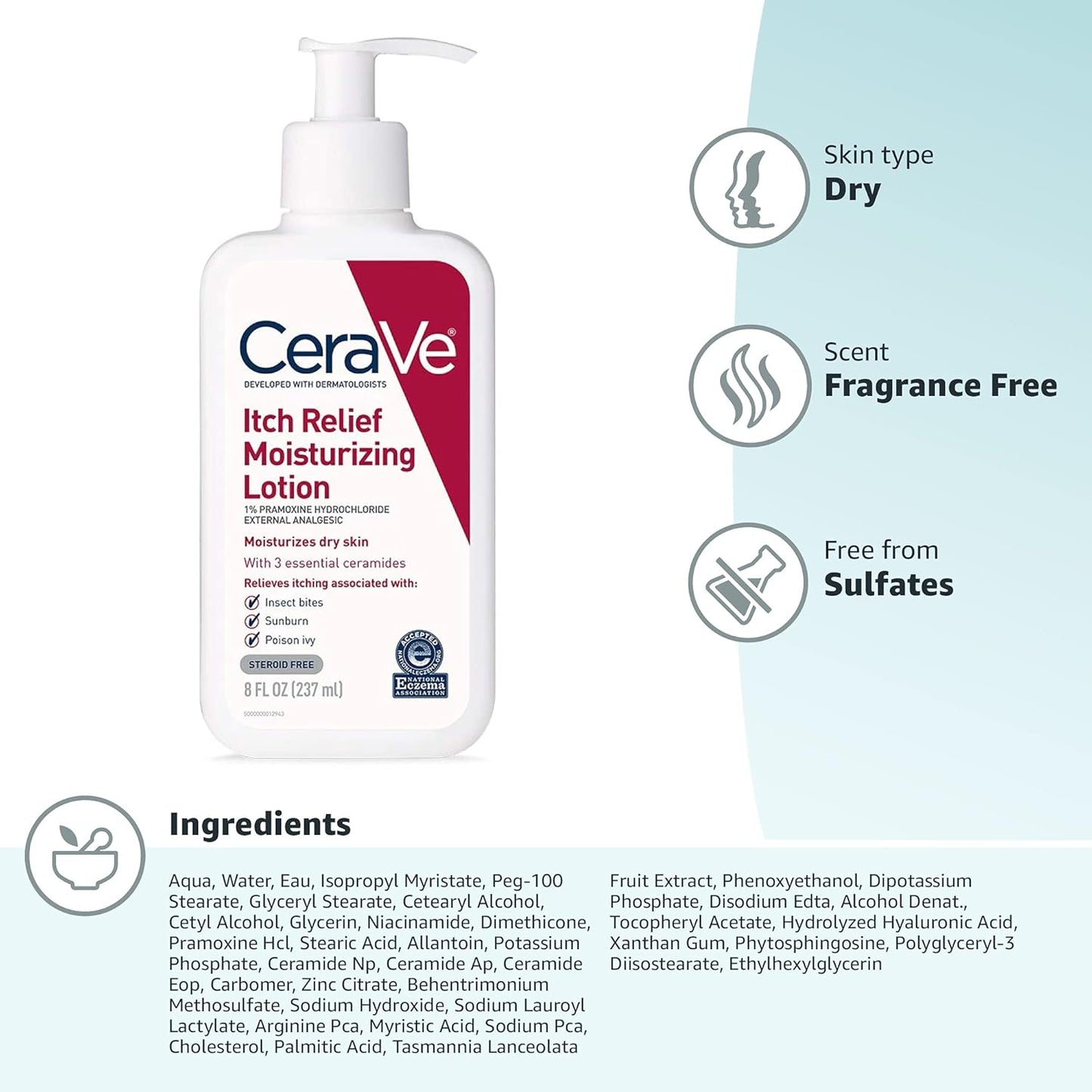 CeraVe Anti-Itch Moisturizing Lotion, 8 oz | Soothing Relief for Minor Skin Irritations, Sunburn, and Bug Bites with Pramoxine Hydrochloride