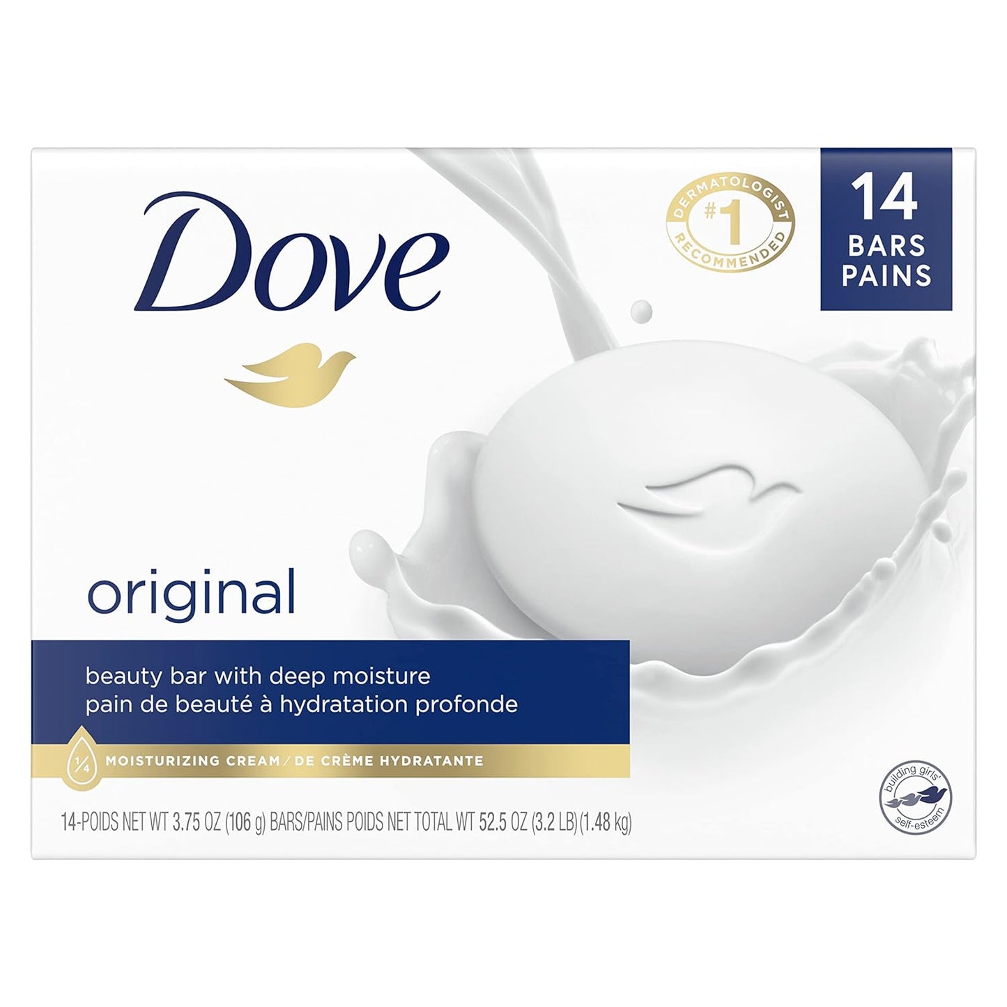 Dove Beauty Bar Gentle Skin Cleanser, Moisturizing with 1/4 Moisturizing Cream, 14 Bars (3.75 oz each)