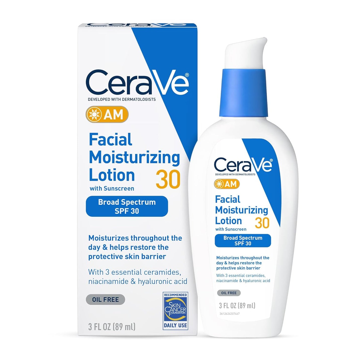 CeraVe AM Facial Moisturizing Lotion with SPF 30 | Oil-Free Face Moisturizer with Hyaluronic Acid, Niacinamide & Ceramides | Non-Comedogenic Broad Spectrum Sunscreen, 3 oz