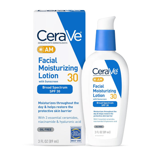 CeraVe AM Facial Moisturizing Lotion with SPF 30 | Oil-Free Face Moisturizer with Hyaluronic Acid, Niacinamide & Ceramides | Non-Comedogenic Broad Spectrum Sunscreen, 3 oz