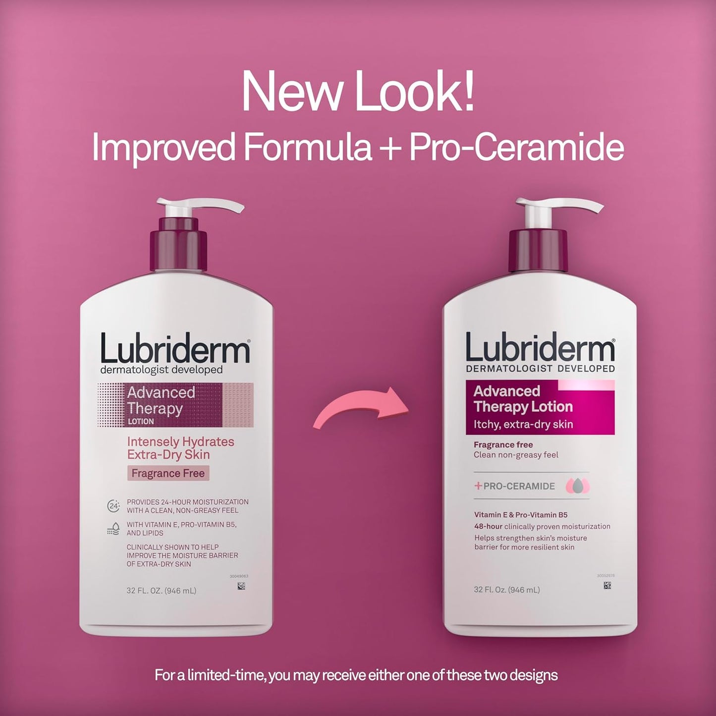 Lubriderm Advanced Therapy Moisturizing Hand and Body Lotion, 32 FL OZ | Pro-Ceramide, Vitamin E & Pro-Vitamin B5 | Non-Greasy, Fragrance-Free, for Dry Skin Relief