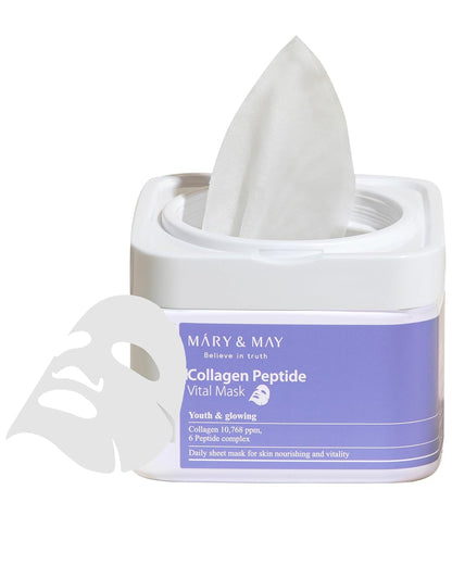 Mary&May Collagen Peptide Vital Mask – Daily Sheet Mask with Low Molecular Collagen for Wrinkle Improvement, Firming & Elasticity – Hypoallergenic Korean Skincare (30 Sheets)