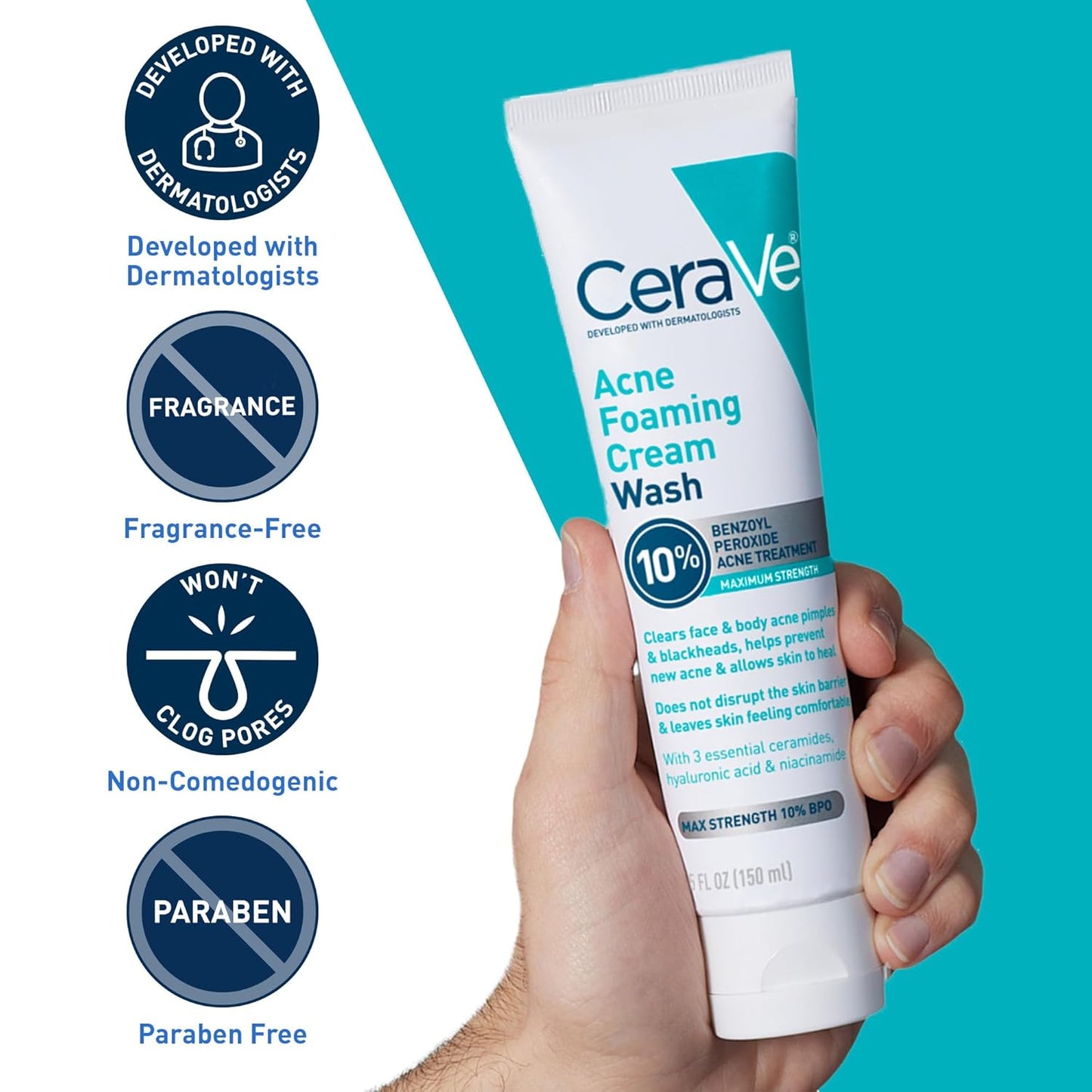 CeraVe Acne Foaming Cream Wash | Gentle Face & Body Cleanser with 10% Benzoyl Peroxide, Hyaluronic Acid & Niacinamide | Clears Acne, Pimples & Blackheads | For Chest, Back & Face | 5 oz