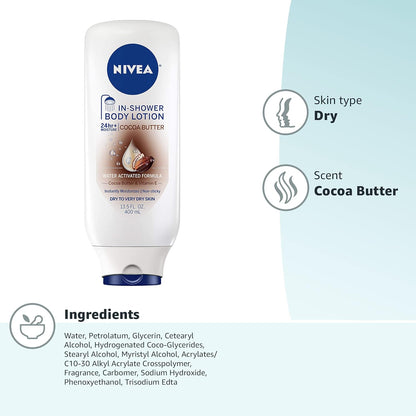 NIVEA Cocoa Butter In Shower Lotion, 13.5 Fl Oz | Moisturizing Body Lotion for Dry Skin