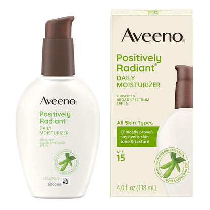 Aveeno Positively Radiant Daily Face Moisturizer with SPF 15, Hydrating Facial Moisturizer with Soy Extract for Even Skin Tone and Texture, Hypoallergenic & Oil-Free, 4 Fl Oz