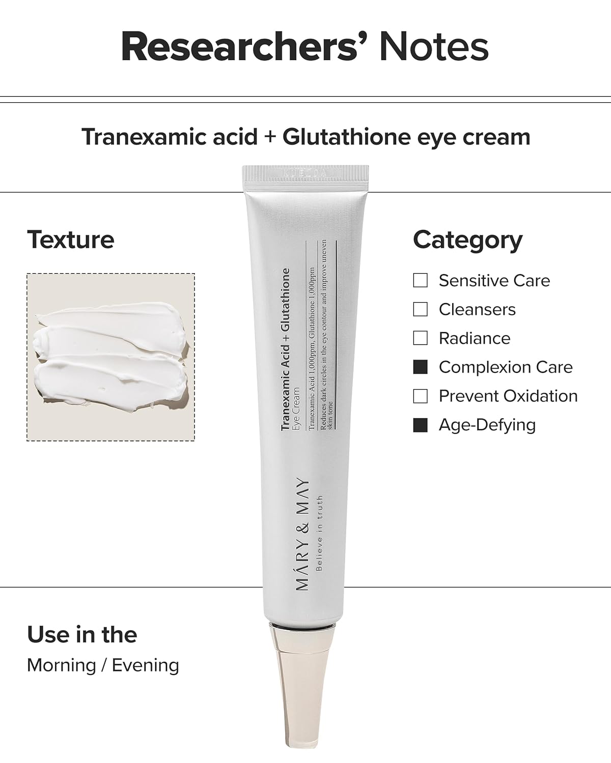 Mary&May Tranexamic Acid + Glutathione Eye Cream, Dark Circle Corrector with Vitamin C for Brightening & Even Skin Tone, Antioxidant-Rich Formula for Morning & Night, 1.05 oz