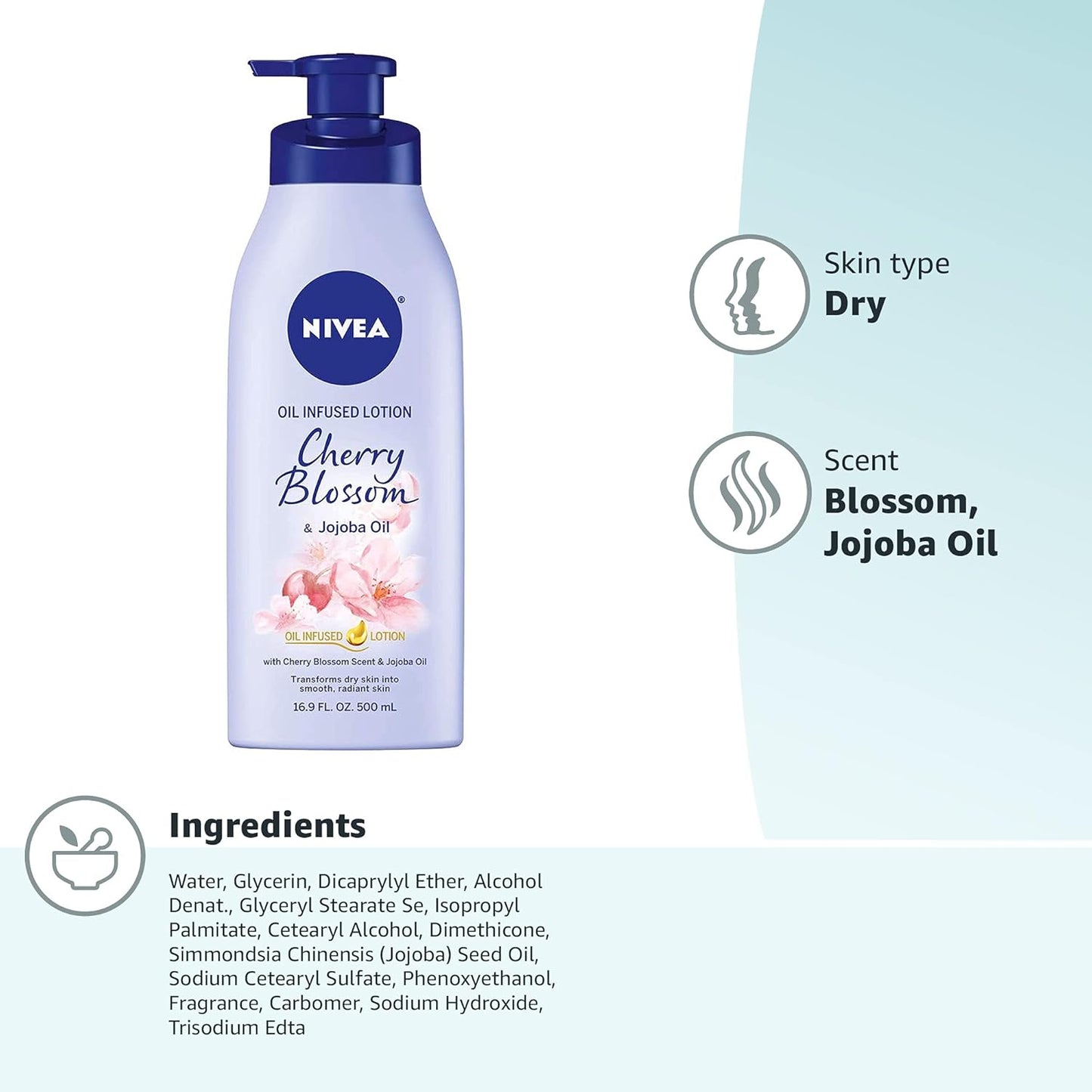 NIVEA Oil Infused Body Lotion, Cherry Blossom & Jojoba Oil, 16.9 fl oz Pump Bottle | Moisturizing Lotion for Dry Skin