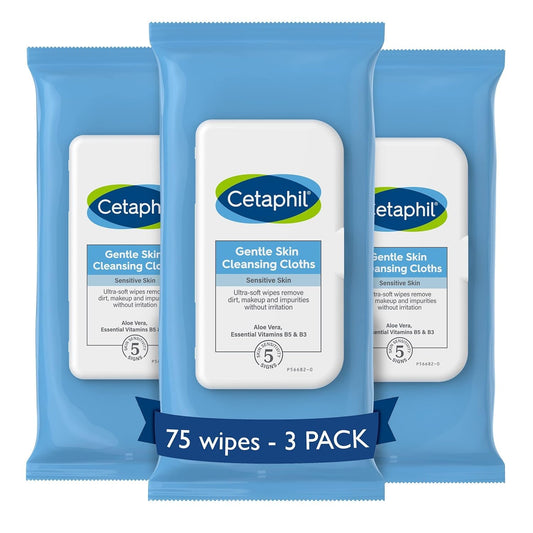 Cetaphil Gentle Face and Body Wipes for Dry, Sensitive Skin, 25 Count (Pack of 3) – Hypoallergenic, Fragrance-Free, Ideal for Travel, Gym, and On-the-Go