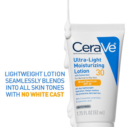 CeraVe Ultra-Light Moisturizing Lotion with SPF 30, Daily Face Moisturizer, Hyaluronic Acid & Ceramides, Oil-Free, Matte Finish, 1.7 oz